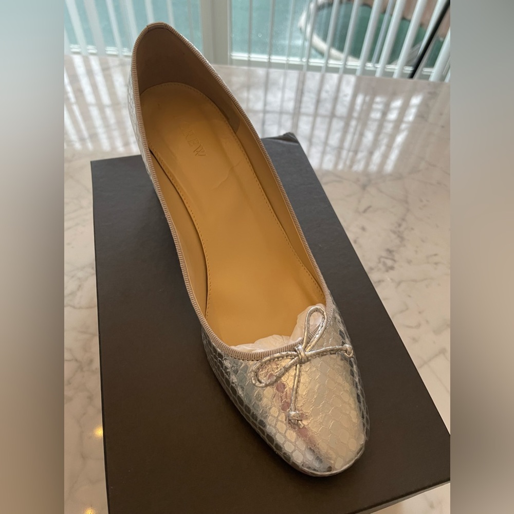 JCrew silver snake print leather pumps